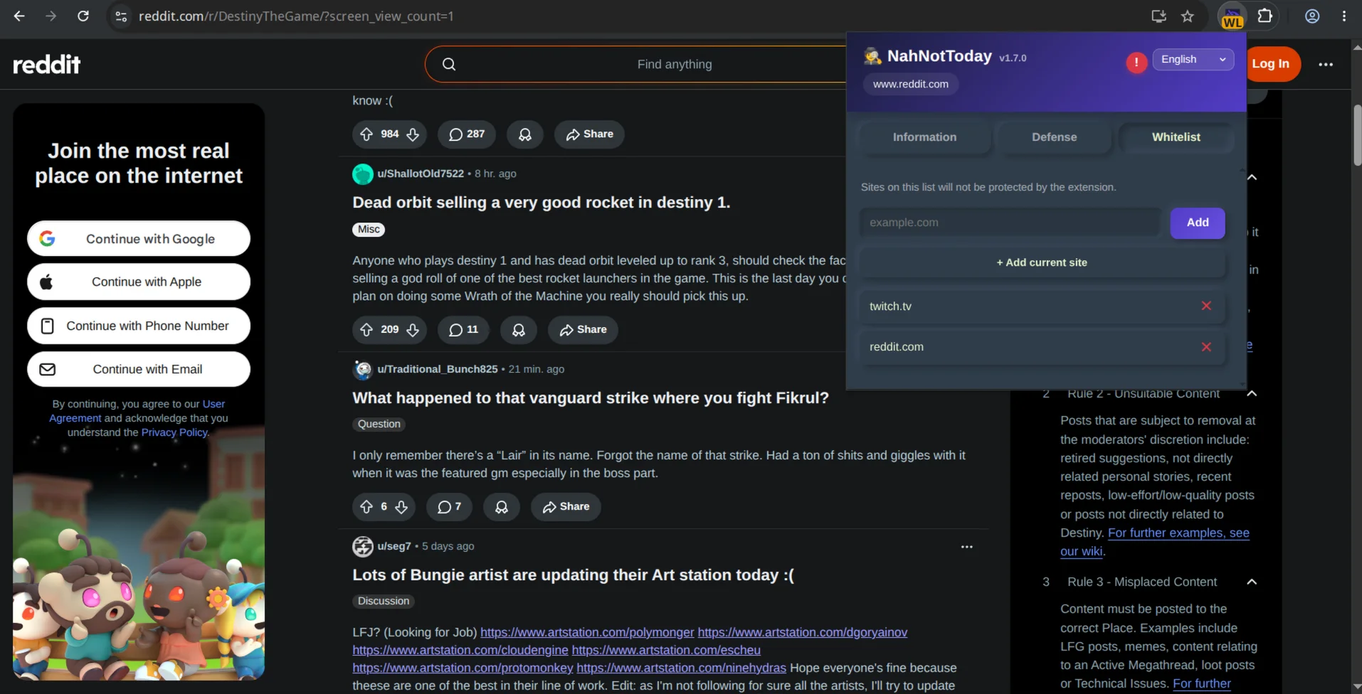 NahNotToday whitelist — trusted sites