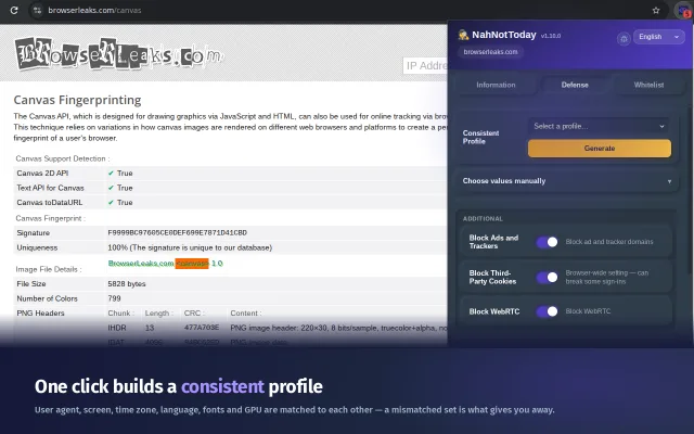 The Defense tab is open where you can select configurable parameters or a ready-made, consistent profile.