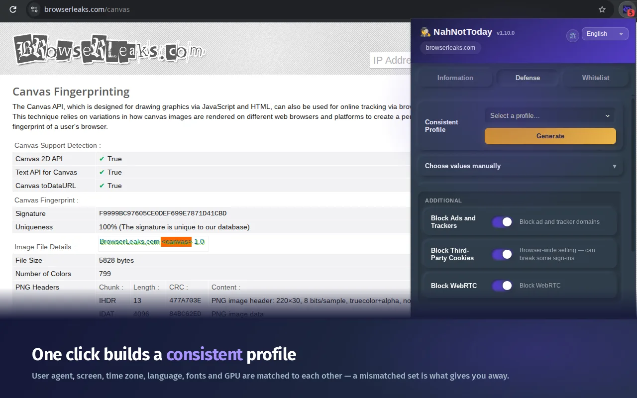 The Defense tab is open where you can select configurable parameters or a ready-made, consistent profile.