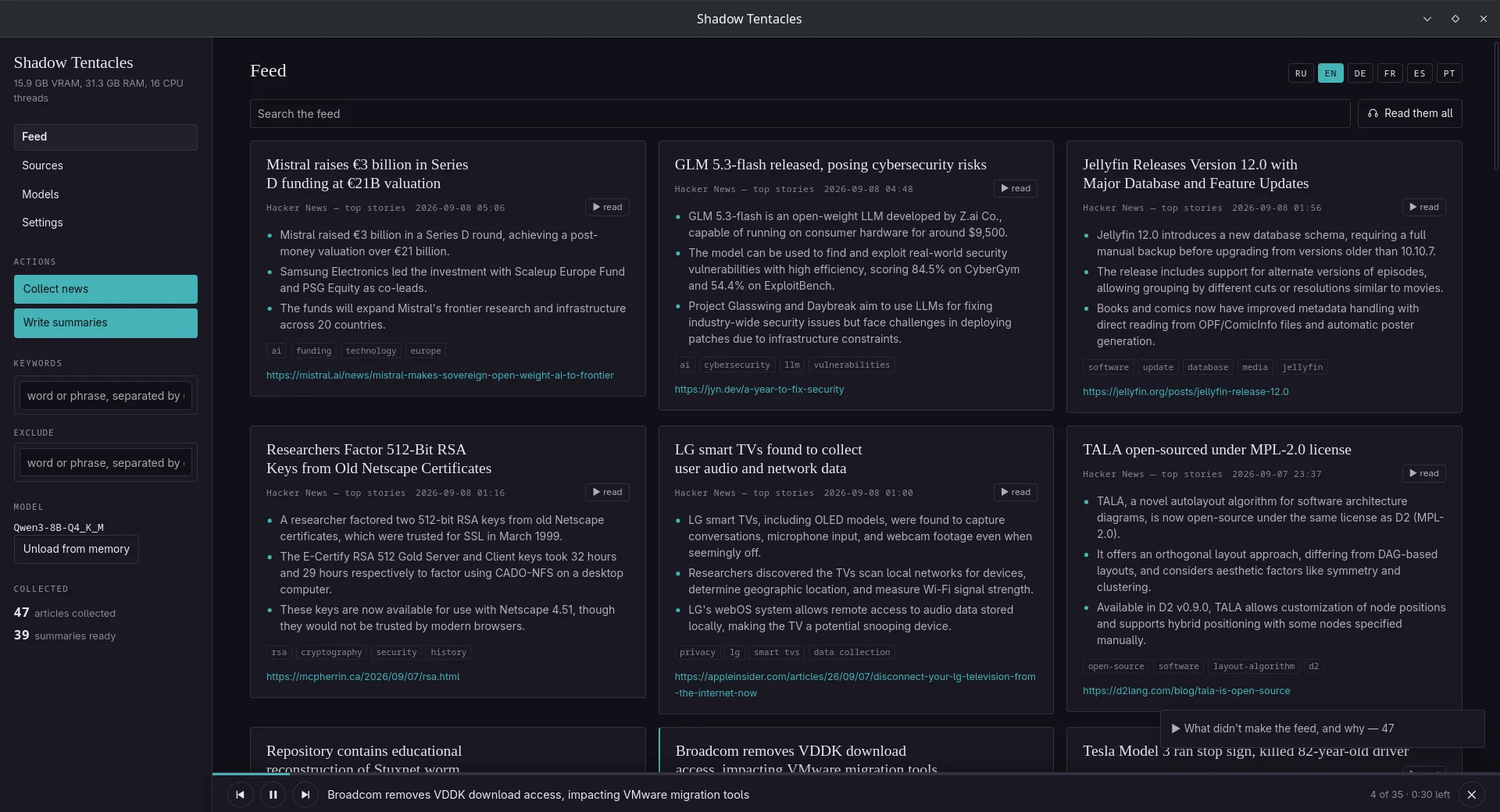 Feed of collected and summarized news.