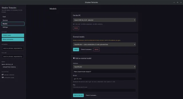 Local or Online AI Model Selection tab